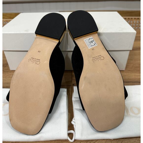 Chloé Alizè Flat Sandals Slides Black Suede Size 8 US 38 EU NIB Gold Buckles - Picture 11 of 16